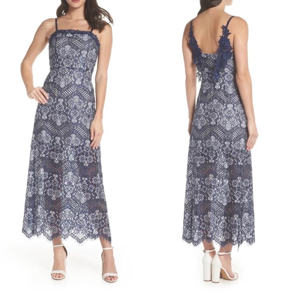 Foxiedox Blue Daleyza Open Back Lace Square Neck Sleeveless Formal Maxi Dress